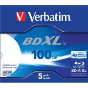 VERBATIM BD-R XL (pachet de 5) Blu-Ray / Jewel / DL / 4x / 100 GB / LATĂ SUPRAFAȚĂ ALBĂ CU JET DE CERNEALE PRINTĂBILĂ HARDCOAT
