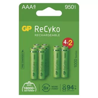 Baterie reîncărcabilă, AAA (HR03), 1,2 V, 950 mAh, GP, cutie de hârtie, pachet de 6, ReCyko Baterie reîncărcabilă, AAA (HR03), 1,2 V, 950 mAh, GP, cutie de hârtie, pachet de 6, ReCyko