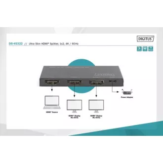 Splitter HDMI ultra subțire Digitus, 1x2, 4K / 60Hz HDR, HDCP 2.2, 18 Gbps, alimentat prin micro USB Splitter HDMI ultra subțire Digitus, 1x2, 4K / 60Hz HDR, HDCP 2.2, 18 Gbps, alimentat prin micro USB