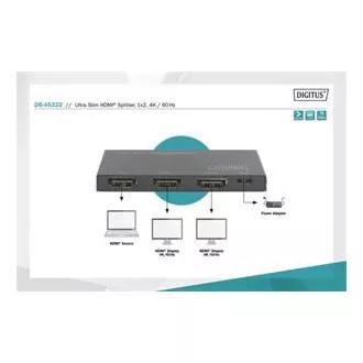 Splitter HDMI ultra subțire Digitus, 1x2, 4K / 60Hz HDR, HDCP 2.2, 18 Gbps, alimentat prin micro USB Splitter HDMI ultra subțire Digitus, 1x2, 4K / 60Hz HDR, HDCP 2.2, 18 Gbps, alimentat prin micro USB