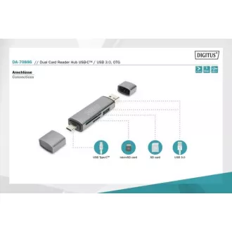 Cititor de carduri OTG dublu Digitus (USB-C + USB 3.0) 1x SD, 1x MicroSD, 1x USB 3.0, gri