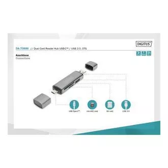 Cititor de carduri OTG dublu Digitus (USB-C + USB 3.0) 1x SD, 1x MicroSD, 1x USB 3.0, gri