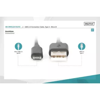 Cablu USB 2.0 Digitus USB A tată la USB micro B tată, 2x ecranat, Cupru, 1m