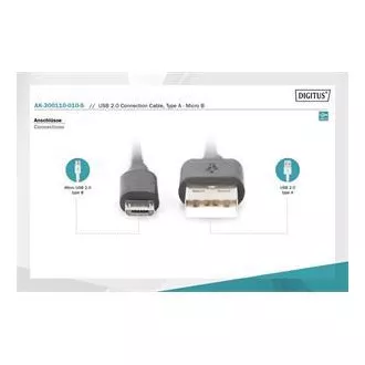 Cablu USB 2.0 Digitus USB A tată la USB micro B tată, 2x ecranat, Cupru, 1m