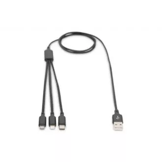 Cablu de încărcare USB, 3 în 1, USB A - Lightning+micro B+Type-C 1m, cablu, bumbac, CE, alb