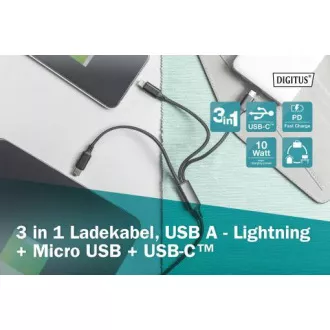 Cablu de încărcare USB, 3 în 1, USB A - Lightning+micro B+Type-C 1m, cablu, bumbac, CE, alb