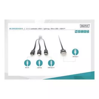 Cablu de încărcare USB, 3 în 1, USB A - Lightning+micro B+Type-C 1m, cablu, bumbac, CE, alb