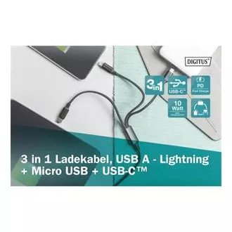 Cablu de încărcare USB, 3 în 1, USB A - Lightning+micro B+Type-C 1m, cablu, bumbac, CE, alb