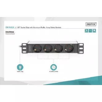 Priză DIGITUS de 10" cu profil de aluminiu, prize de siguranță cu 4 căi