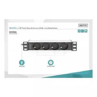 Priză DIGITUS de 10" cu profil de aluminiu, prize de siguranță cu 4 căi