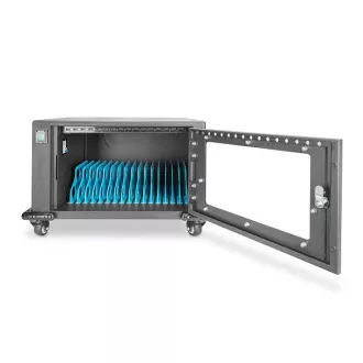 Cărucior de încărcare pentru tablete DIGITUS, 16 baze de încărcare pentru dispozitive de până la 14", încuietoare electrică, negru 384 x 550 x 375 mm