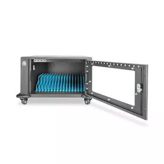 Cărucior de încărcare pentru tablete DIGITUS, 16 baze de încărcare pentru dispozitive de până la 14", încuietoare electrică, negru 384 x 550 x 375 mm