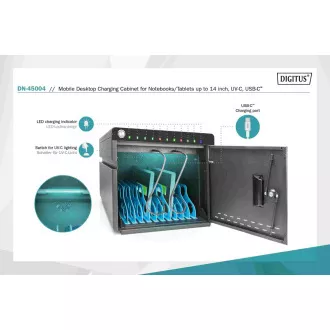 Cutie de încărcare desktop mobil DIGITUS pentru tablete de până la 14 inchi, 10 dispozitive. UV-C, USB-C (până la 20 W per dispozitiv