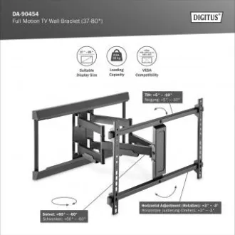 DIGITUS Suport de perete pentru televizor complet mobil 37-80", 60 kg sarcină maximă, VESA: 200x100, 200x200, 300x200, 400x200, 300x300, 400x300