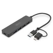 Hub Digitus USB 3.0 cu 4 porturi, linie subțire, cablu de 0,2 m