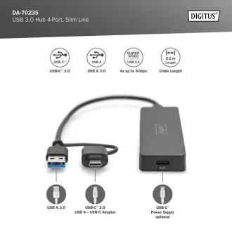 Hub Digitus USB 3.0 cu 4 porturi, linie subțire, cablu de 0,2 m