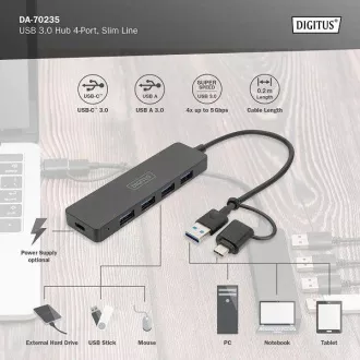 Hub Digitus USB 3.0 cu 4 porturi, linie subțire, cablu de 0,2 m