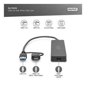 Hub Digitus USB 3.0 cu 4 porturi, linie subțire, cablu de 0,2 m