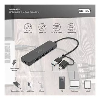 Hub Digitus USB 3.0 cu 4 porturi, linie subțire, cablu de 0,2 m