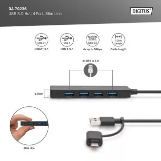 Hub Digitus USB 3.0 cu 4 porturi, Slim Line, cablu de 1,2 m