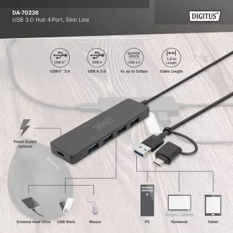 Hub Digitus USB 3.0 cu 4 porturi, Slim Line, cablu de 1,2 m