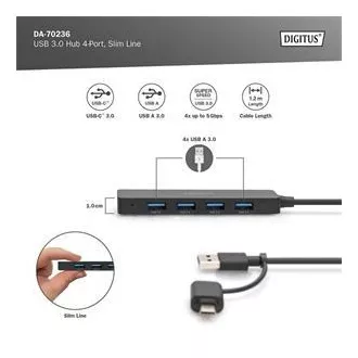 Hub Digitus USB 3.0 cu 4 porturi, Slim Line, cablu de 1,2 m