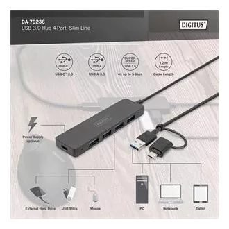 Hub Digitus USB 3.0 cu 4 porturi, Slim Line, cablu de 1,2 m