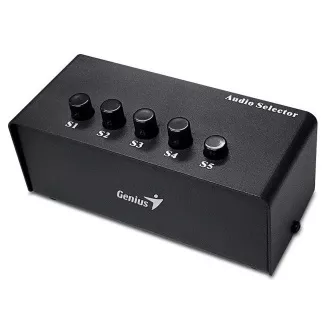 Cutie de comutare stereo Genius, comutator, audio, 2x intrare RCA, 5x ieșire jack de 3,5 mm, stereo, negru Cutie de comutare stereo Genius, comutator, audio, 2x intrare RCA, 5x ieșire jack de 3,5 mm, stereo, negru