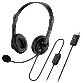 Căști Genius - HS-230U, cu fir, cu microfon, control volum, lungime cablu 2,4 m, USB, negre
