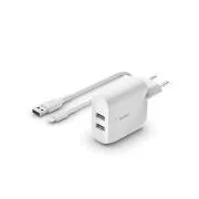Încărcător de perete Belkin BOOST CHARGE™ Dual 24W USB-A + cablu fulger de 1 m, alb