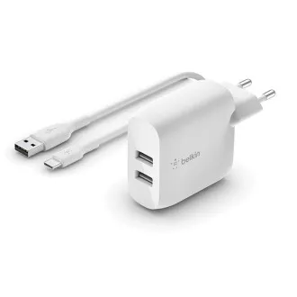 Încărcător de perete Belkin BOOST CHARGE™ Dual 24W USB-A + cablu USB-C de 1 m, alb