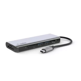 Adaptor multiport Belkin USB-C 7in1 - 4K HDMI, USB-C PD 3.0, 2x USB-A 3.0, cititor de carduri SD si micro SD, mufa de 3,5 mm Adaptor multiport Belkin USB-C 7in1 - 4K HDMI, USB-C PD 3.0, 2x USB-A 3.0, cititor de carduri SD si micro SD, mufa de 3,5 mm