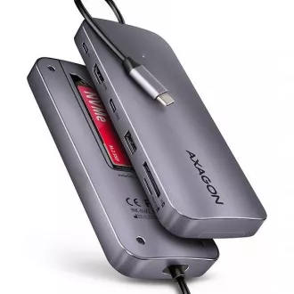 AXAGON HMC-6GM2 Hub cu mai multe porturi USB-C 10Gbps. NVMe/SATA M.2, HDMI, cititor de carduri și Power Delivery. Cablu USB-C 20 cm