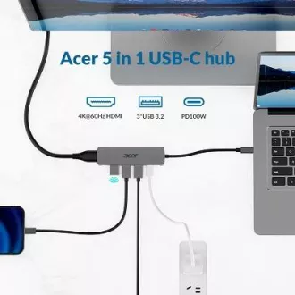 Stație de andocare Acer 5IN1 Mini, dongle Type-C, 1x HDMI (până la 3840x2160@60hz), 3x porturi USB 3.0 5Gbps, 1x port PD Type-C până la 100W (oaspete)