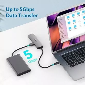 Stație de andocare Acer 5IN1 Mini, dongle Type-C, 1x HDMI (până la 3840x2160@60hz), 3x porturi USB 3.0 5Gbps, 1x port PD Type-C până la 100W (oaspete)