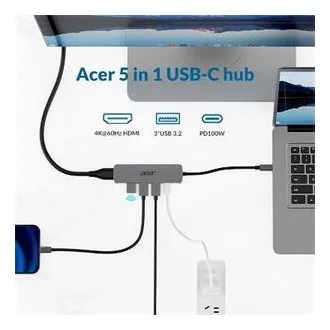 Stație de andocare Acer 5IN1 Mini, dongle Type-C, 1x HDMI (până la 3840x2160@60hz), 3x porturi USB 3.0 5Gbps, 1x port PD Type-C până la 100W (oaspete)