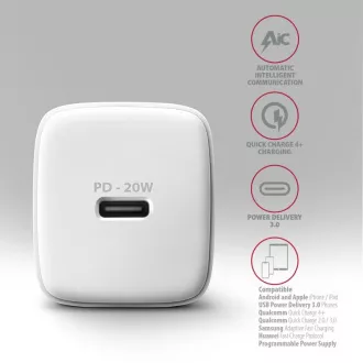 AXAGON ACU-PD20W, încărcător de rețea 20W, 1x port USB-C, PD3.0/PPS/QC4+/AFC/Apple, alb