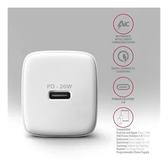 AXAGON ACU-PD20W, încărcător de rețea 20W, 1x port USB-C, PD3.0/PPS/QC4+/AFC/Apple, alb