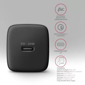 AXAGON ACU-PD30, încărcător de rețea Sil 30W, 1x port USB-C, PD3.0/PPS/QC4+/SFC/AFC/Apple, negru