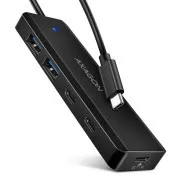 AXAGON HUE-C2C, hub TRAVEL 4× USB 5Gbps, 2× USB-A + 2× USB-C, sursă de alimentare USB-C, cablu USB-C 19 cm