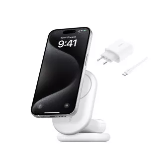 Belkin BOOST CHARGE™ Qi2 15W 2in1 Stand de încărcare magnetic, pliabil, alb