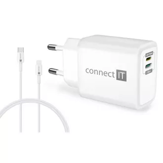 CONNECT IT DUPLEX Adaptor de încărcare 1xLightning + 1xUSB-C, 20W, cablu 27W, ALB