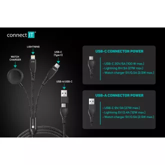 CONNECT IT Wirez 6 în 1 1x USB-C 1x Lightning 1x Încărcător ceas 1,25 m NEGRU
