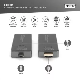 Set de extensie video wireless DIGITUS DS-55324 4K, 30 m (USB-C - HDMI) Set de extensie video wireless DIGITUS DS-55324 4K, 30 m (USB-C - HDMI)