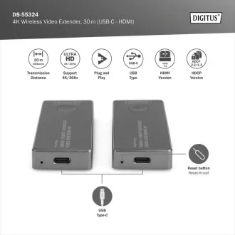 Set de extensie video wireless DIGITUS DS-55324 4K, 30 m (USB-C - HDMI) Set de extensie video wireless DIGITUS DS-55324 4K, 30 m (USB-C - HDMI)