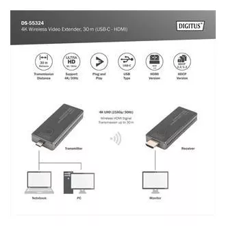 Set de extensie video wireless DIGITUS DS-55324 4K, 30 m (USB-C - HDMI) Set de extensie video wireless DIGITUS DS-55324 4K, 30 m (USB-C - HDMI)