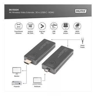 Set de extensie video wireless DIGITUS DS-55324 4K, 30 m (USB-C - HDMI) Set de extensie video wireless DIGITUS DS-55324 4K, 30 m (USB-C - HDMI)