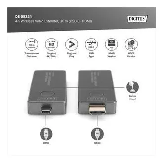 Set de extensie video wireless DIGITUS DS-55324 4K, 30 m (USB-C - HDMI) Set de extensie video wireless DIGITUS DS-55324 4K, 30 m (USB-C - HDMI)