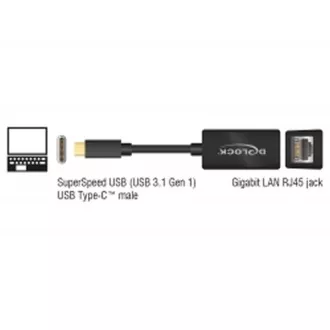Adaptor Delock Super Speed USB (USB 3.1 Gen 1) cu USB Type-C™ mascul > Gigabit LAN 10/100/1000 Mbps compact, negru