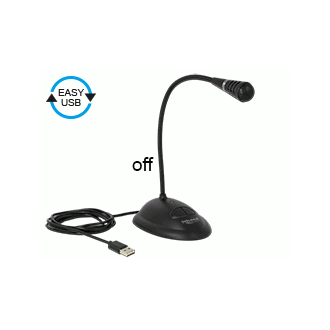 Microfon USB Delock cu gât de lebădă, stativ și funcție de dezactivare a sunetului, butoane de pornire și oprire